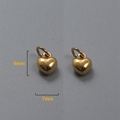 Golden Titanium Steel Pendants, with Jump Ring, Heart Charm, Golden, 9x7x4.5mm