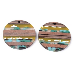 Colorful Resin & Walnut Wood Pendants, Flat Round, Colorful, 30x2~3mm, Hole: 2mm