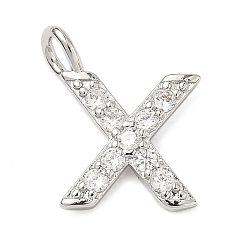 Letter X Латунные микропаве прозрачные подвески с фианитом, без кадмия и без свинца, долговечный, стойки покрытие, платина, Письмо X, 16.5x14.5x2.5 мм, отверстие : 2.5 мм