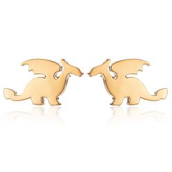 golden Cute Mini Flying Dragon Animal Earrings for Girls - Stainless Steel.