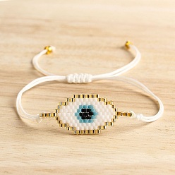 Gold Glass Seeds Evil Eye Link Bracelet, Bohemian Braided Adjustable Bracelet, Gold, 11 inch(28cm)