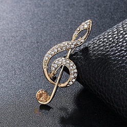 Durazno Jugoso Broche de nota musical de diamantes de imitación, insignia de aleación de oro claro para ropa de mochila, la luz de oro, 53x21 mm