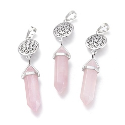 Rose Quartz Natural Rose Quartz Pointed Big Pendants, with Platinum Plated Brass Findings, Faceted, Bullet & Flower of Life, 59~67x14~15mm, Hole: 7x5mm