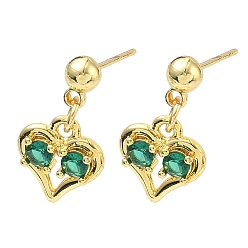 Зеленый Серьги-гвоздики в форме сердца из латуни с микропаве из кубического циркония ко Дню святого Валентина, без кадмия и без свинца, долговечный, стойки покрытие, реальный 18 k позолоченный, зелёные, 18x10 мм