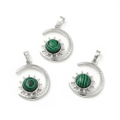 Malachite Synthetic Malachite Pendants, with Platinum Tone Brass Findings, Lead Free & Cadmium Free, Moon with Sun Charms, 29~30x23x7.5~8mm, Hole: 5x8mm