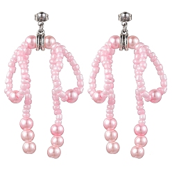 Pearl Pink Glass Seed & Imitation Pearl Bowknot Dangle Stud Earrings, 304 Stainless Steel Long Drop Earrings, Pearl Pink, 67x47mm