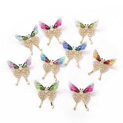 Mixed Color Resin Butterfly Lapel Pin with Clear Cubic Zirconia, Real 18K Gold Plated Brass Badge with Loop for Jewelry Pendant, Cadmium Free & Lead Free, Mixed Color, 49x47x5mm