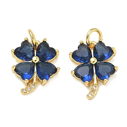 Marine Blue Brass Micro Pave Cubic Zirconia with Glass Pendants, Clover Charms, Rack Plating, Long-Lasting Plated, Cadmium Free & Lead Free, Golden, Marine Blue, 15.5x12x3.5mm, Hole: 3mm