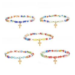 Mixed Color Millefiori Glass Beaded Stretch Bracelet with 304 Stainless Steel Cross Charm for Women, Mixed Color, Inner Diameter: 2-1/8 inch(5.4cm)