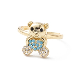 Sky Blue Bear Cubic Zirconia Cuff Ring, Real 16K Gold Plated Brass Open Ring Jewelry for Women, Sky Blue, 2mm, Inner Diameter: 17mm.