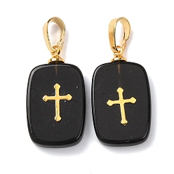 Обсидиан Природные подвески обсидиана, с латунной фурнитурой и 304 кабошонами из нержавеющей стали, золотые, прямоугольник с подвесками в виде креста, 23~23.5x13~13.5x3.5~4 мм, отверстие : 7.5x4 мм