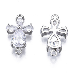 Platinum Brass Clear Cubic Zirconia Links Connectors, Flower, Platinum, 18.5x10.5x4mm, Hole: 1.2mm