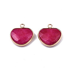 Medium Violet Red Natural White Jade Pendants, with Light Gold Plated Tone Brass Edge, Dyed & Heated, Faceted Heart Charm, Medium Violet Red, 22x22x6mm, Hole: 2mm