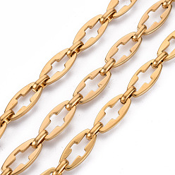 Real 18K Gold Plated 304 Stainless Steel Link Chains, with Spool, Unwelded, Nickel Free, Oval with Hollow Cross, Real 18K Gold Plated, 13.5x6.5x1.5mm