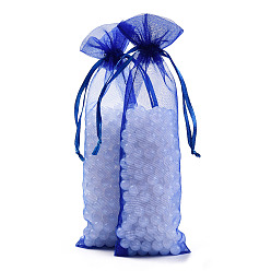 Dark Blue Organza Bags, with Ribbons, Rectangle, Dark Blue, 19x6cm