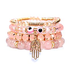 Pink Bohemian Style Bracelet with Devil Eye Charm, Crystal Rhinestone Chain and Palm Pendant Jewelry for Women