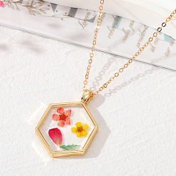7# Red and Yellow Flowers Bohemian Natural Dried Flower Hexagonal Geometric Transparent Glue Necklace Plant Floral Pendant