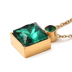 Green Glass Square Pendant Necklace, Real 18K Gold Plated 304 Stainless Steel Necklace, Green, 18.43 inch(46.8cm)