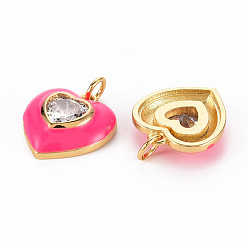 Deep Pink Brass Enamel Pendants, with Clear Cubic Zirconia and Jump Ring, Nickel Free, Real 16K Gold Plated, Heart, Deep Pink, 17.5x15.5x4.5mm, Hole: 3.5mm