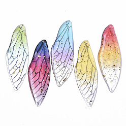 Mixed Color Transparent Epoxy Resin Big Pendants, with Gold Foil, Insects Wing, Mixed Color, 51x16.5x1~2.5mm, Hole: 1.2mm