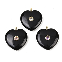 Обсидиан Природные подвески обсидиана, Подвески в форме сердца с фурнитурой из латуни, инкрустированной микрофибровыми циркониями (случайного цвета)., золотые, 27~28x25x7.5~8 мм, отверстие : 2.5 мм