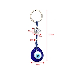 Dark Blue Teardrop with Evil Eye Glass Pendant Keychains, with Alloy Turtle Link, for Bag Car Key Decoration, Dark Blue, 12.3x3.5cm