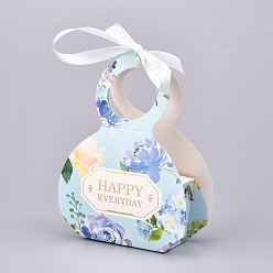 Light Blue Handbag Shape Candy Packaging Box, Wedding Party Gift Box, with Ribbon, Boxes, Word HAPPY EVERYDAY Pattern, Light Blue, 3.5xx9.7x13.2cm, Unfold: 29.8x25.2x0.03cm, Ribbon: 40.4x1cm