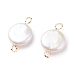 Golden Natural Baroque Pearl Keshi Pearl Connector Charms, Cultured Freshwater Pearl, with 304 Stainless Steel Double Loops, Flat Round, Floral White, Golden, 19.5x11.5x4.5~5.5mm, Hole: 1.8~2mm
