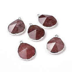 Strawberry Quartz Natural Strawberry Quartz Pendants, with Brass Findings, Faceted, Drop, Silver, 31~35x20~25x7~9mm, Hole: 2.5mm