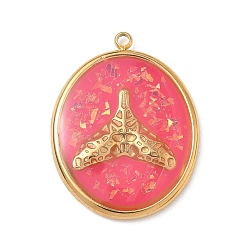 Светло-Вишневый 304 подвески из нержавеющей стали, эпоксидной смолы, с натуральными ракушками и пайетками внутри, овал с подвесками в виде китового хвоста, реальный 18 k позолоченный, вакуумное покрытие pvd, светло-вишневый, 25x18x3 мм, отверстие : 1.5 мм