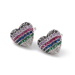 Colorful Heart Brass Cubic Zirconia Ear Studs for Women Men, Lead Free & Cadmium Free, Platinum, Long-Lasting Plated, Colorful, 11x12x4mm, Pin: 0.8mm