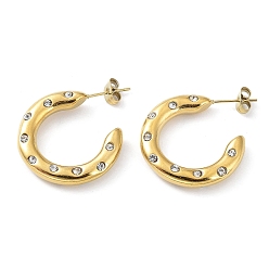 Crystal Real 18K Gold Plated 304 Stainless Steel Ring Stud Earrings with Rhinestone, Half Hoop Earrings, Crystal, 26x5mm