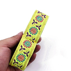 Yellow Green 6.5M Ethnic Style Flat Embroidery Polyester Ribbons, Jacquard Ribbon, Garment Accessories, Flower Pattern, Yellow Green, 1-1/4 inch(33mm), about 7.11 Yards(6.5m)/Bundle