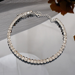 28# Single Row Big Diamond Collar - Silver Elegant Sparkling Rhinestone Choker Necklace - Minimalist, Western Style, Bridal Jewelry.