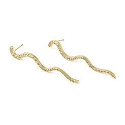 Real 18K Gold Plated Clear Cubic Zirconia Long Wave Dangle Stud Earrings, Brass Jewelry, Lead Free & Cadmium Free, Real 18K Gold Plated, 56x9x2mm, Pin: 0.7mm