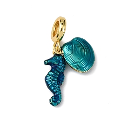 чирок Латунные эмалированные европейские подвески с подвесками, подвески с большим отверстием в форме ракушки морского конька, долговечный, стойки покрытие, без кадмия и без свинца, реальный 18 k позолоченный, зелено-синие, 32 мм, отверстие : 5.5 мм