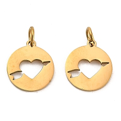 Heart 304 Stainless Steel Charms, with Jump Ring, Flat Round Charm, Laser Cut, Golden, Heart, 13.5x11.5x1mm, Hole: 3.4mm