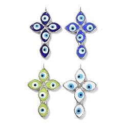 Mixed Color Handmade Evil Eye Lampwork Pendants, with Platinum Tone Tin Finding, Cadmium Free & Lead Free, Cross Charm, Mixed Color, 71x43x5mm, Hole: 4.5mm