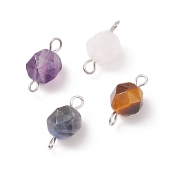 Mixed Stone Faceted Natural Mixed Stone Connector Charms, with Platinum Tone 304 Stainless Steel Double Loops, Star Cut Round, 15x7.5~8x7.5~8mm, Hole: 1.8mm