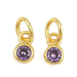 Medium Purple Brass Pave Cubic Zirconia Charms, Flat Round Charms, Single Stone Charms, Long-Lasting Plated, Rack Plating, Cadmium Free & Lead Free, Golden, Medium Purple, 7x4x2mm, Hole: 3.5mm