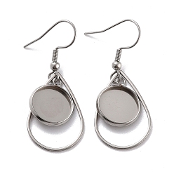 Stainless Steel Color 201 Stainless Steel Earring Hooks, with Teardrop Blank Pendant Trays, Flat Round Setting for Cabochon, Stainless Steel Color, 41mm, 22 Gauge, Pin: 0.6mm