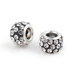 Crystal Polymer Clay Rhinestone European Beads, Large Hole Beads, Rondelle, with Silver Color Plated Brass Cores, Crystal, 10~12x7~8mm, Hole: 5mm