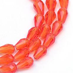 Orange Red Transparent Glass Bead Strands, Faceted Teardrop, Orange Red, 8x6mm, Hole: 1mm, about 66~68pcs/strand, 19.6 inch