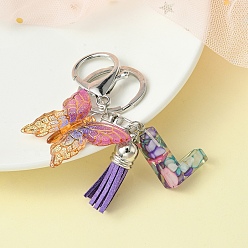 Letter L Resin Letter & Acrylic Butterfly Charms Keychain, Tassel Pendant Keychain with Alloy Keychain Clasp, Letter L, 9cm
