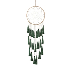 Dark Green Iron Bohemian Woven Web/Net with Feather Pendant Decorations, with Tassel for Home Bedroom Hanging Decorations, Dark Green, 830x200mm
