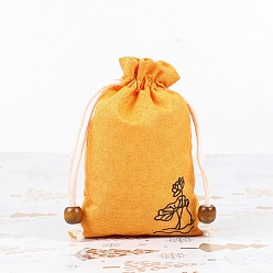Orange Cotton Linen Pouches, Drawstring Bag, with Wood Beads, Rectangle with Lotus, Orange, 10x8cm