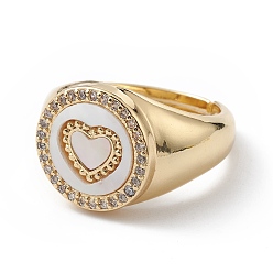 Real 18K Gold Plated Clear Cubic Zirconia Heart Adjustable Ring with Enamel, Brass Jewelry for Women, Cadmium Free & Lead Free, Real 18K Gold Plated, Inner Diameter: 17mm