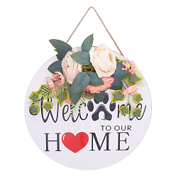 Colorful Natural Wood Hanging Wall Decorations for Front Door Home Decoration, Flat Round with Flower, Word Welcome To Our Home, Colorful, 30x30x0.6cm