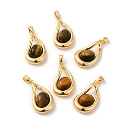 Real 18K Gold Plated Natural Tiger Eye Pendants, Brass Teardrop Charms, Real 18K Gold Plated, 21x13x6mm, Hole: 4.5x3mm