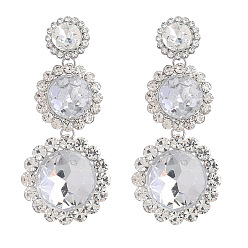 Crystal Sparkling Rhinestone & Glass Triple Flower Dangle Stud Earrings, Platinum Alloy Long Tassel Drop Earrings for Women, Crystal, 84x36mm